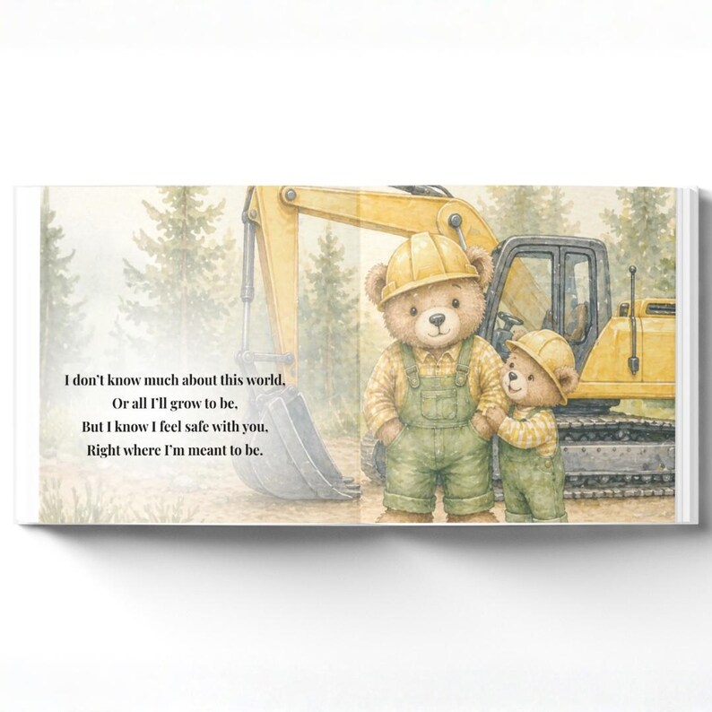 May include: A children's book illustration features two teddy bears in construction attire standing in front of a yellow excavator. The bears wear hard hats and overalls. Text on the left side reads, "I don't know much about this world...Right where I'm meant to be."