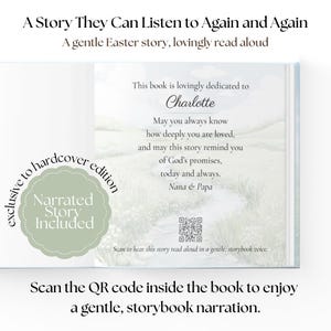 K&ouml;nnte beinhalten: Offenes Buch mit dem Titel "A Story They Can Listen to Again and Again." Widmung an "Charlotte", mit QR-Code zur Vertonung. Ein gr&uuml;ner Aufkleber zeigt "Narrated Story Included."