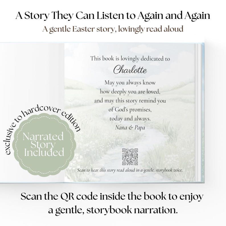 K&ouml;nnte beinhalten: Offenes Buch mit dem Titel "A Story They Can Listen to Again and Again." Widmung an "Charlotte", mit QR-Code zur Vertonung. Ein gr&uuml;ner Aufkleber zeigt "Narrated Story Included."