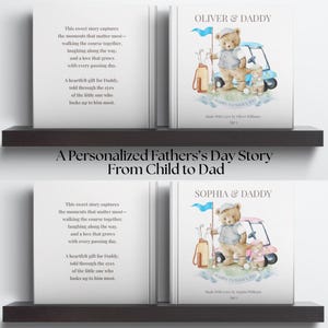 May include: A personalized Father's Day storybook with a golf theme. The cover features a teddy bear driving a golf cart. The book is displayed on a dark shelf with text that reads "A Personalized Father's Day Story From Child to Dad."