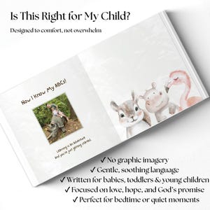 May include: An open book titled "Is This Right for My Child?" with the text "Now I Know My ABCs!". The book contains illustrations of a squirrel, hippo, and flamingo. The book's design is intended to comfort and not overwhelm.