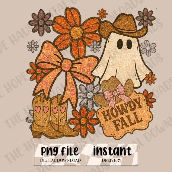 Western Halloween Ghost Coquette Png, Cowgirl Halloween Shirt Design, Girly Fall Pumpkin Sublimation, Floral Ghost Bow Png