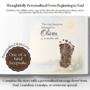 May include: A personalized keepsake book page featuring a dark brown footprint illustration, the text "This tiny footprint belonged to Oliver at 3 months old," a sun, and a landscape scene. A brown scalloped badge reads "Personalized With Love One-of-a-Kind Keepsake."