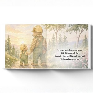 May include: An illustrated book page featuring two teddy bears in construction hats and overalls, walking on a path. The larger bear holds the smaller bear's hand. Text reads, "As I grow and change and learn."