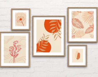Boho Botaniska Väggkonsttryck: Orange & Beige Galleridekor (Digital Nedladdning)