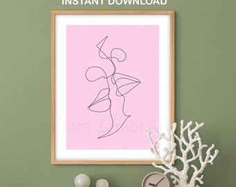 Pink Woman Line Art Print – Minimalist Portrait (Digital Download)
