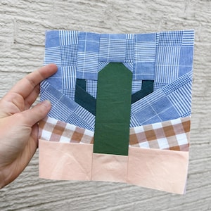 May include: A handmade fabric block featuring a green cactus design. The cactus is set against a background of blue plaid fabric, with a peach-colored base and brown and white checkered fabric accents. The block is held by a hand.