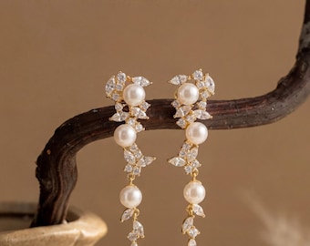 Pearl Drop Earrings With Diamond, Dainty Pearl Dangle Earrings, Elegant Wedding Jewelry, Gold Earrings, Bridal Earrings, Bridesmaid Gifts