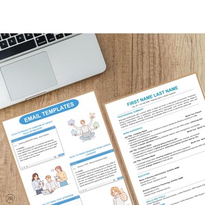 May include: Two printed resume templates and a laptop are on a wooden surface. The templates have blue headers with the words "EMAIL TEMPLATES" and "FIRST NAME LAST NAME". The "EMAIL TEMPLATES" page includes illustrations and text. The laptop is silver.