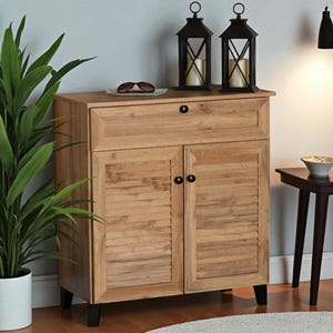Oak Wood Shoe Cabinet with Drawer, 4 Shelf Slatted Door Storage Organizer, Modern Indoor Shoe Rack Entryway Furniture