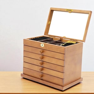 6-Tier Wooden Jewelry Box with Lock And Mirror, Vintage Jewelry Organizer for Rings, Earrings, Necklaces, Watches & Gifts