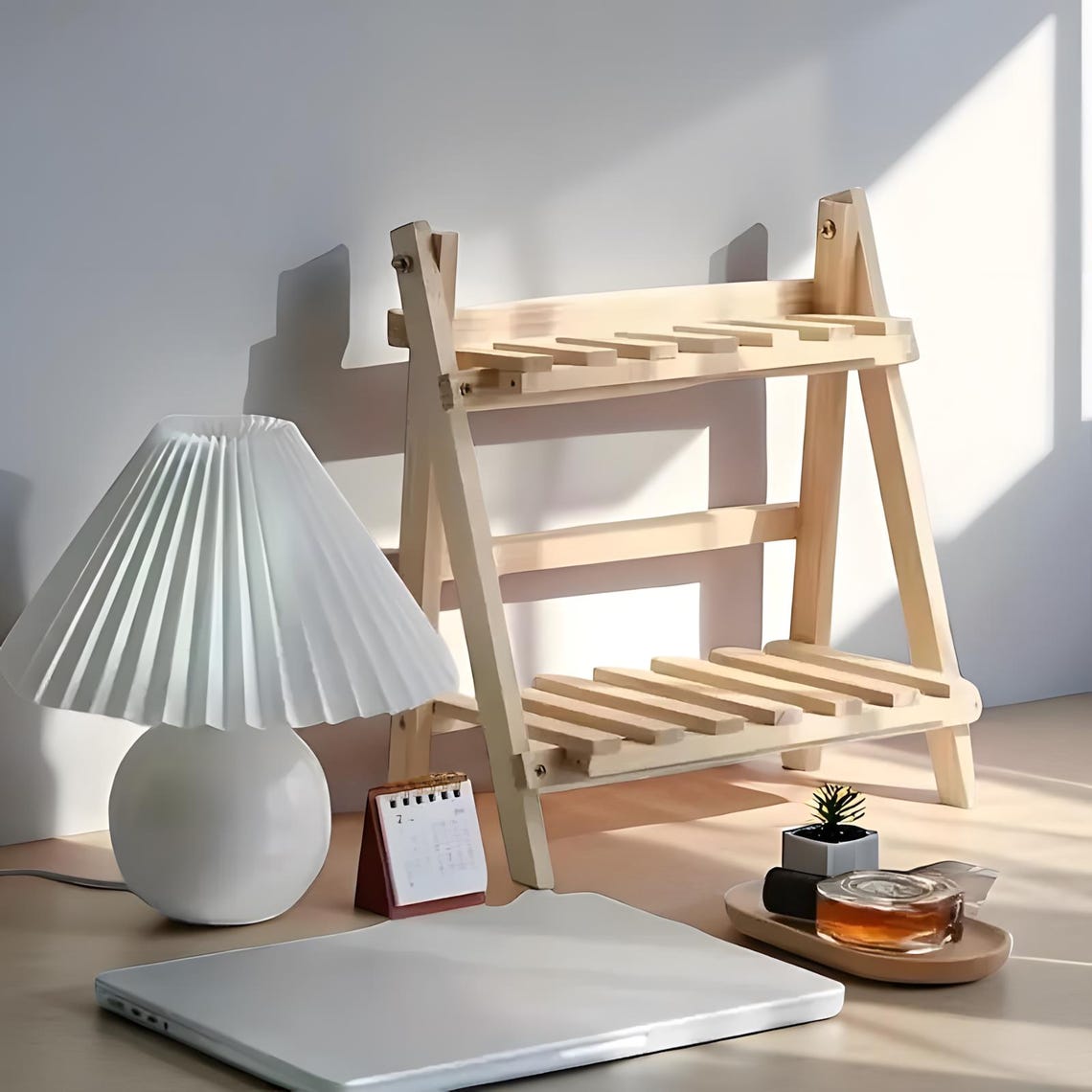 2-tier Wooden Desktop Organizer Shelf, Trapezoidal Office Storage Rack ...