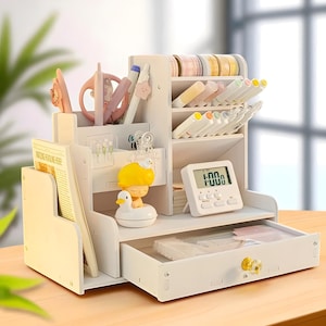 Wooden Desk Organizer with Pen Holder, Stationery Shelf & Book Storage Box, Desktop Office Accessories Organizer for Home