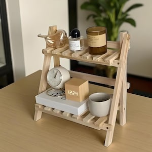 2-Tier Wooden Desktop Organizer Shelf, Trapezoidal Office Storage Rack, Stationery Display Stand for Home or Work Desk
