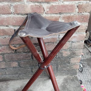 Tripod Stool Hunting Camping Leather Stool Natural Wood Folding Chair Best High Quality Leather Seat for Hiking, Fishing, Hunting Best Gift