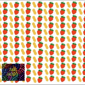 May include: A repeating pattern of red strawberries with green leaves and tan peanuts on a white background. A colorful square with the text "PRE CRAFT" is in the lower left corner.