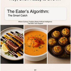 May include: An image with the text "Hey, Chef. Ready to dive in?" and "The Eater's Algorithm: The Smart Catch". The image shows three food dishes: seared tuna with sauce, orange soup, and stuffed mushrooms. The text "Where Culinary Tradition Meets Artificial Intelligence Tast With Tech Support" is also present.