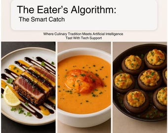 May include: An image with the text "Hey, Chef. Ready to dive in?" and "The Eater's Algorithm: The Smart Catch". The image shows three food dishes: seared tuna with sauce, orange soup, and stuffed mushrooms. The text "Where Culinary Tradition Meets Artificial Intelligence Tast With Tech Support" is also present.