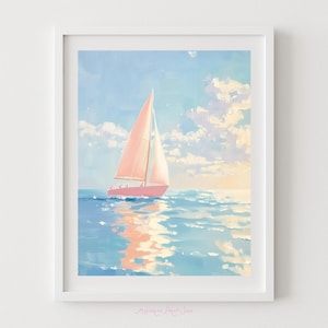 Pink Sailboat Printable Artwork - Sailing in the Ocean Poster, Nautical Home Decor, Pastel Beach Print, Coastal Digital Art