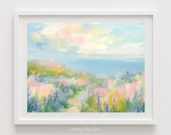 Abstract Floral Seascape Painting Printable Art - Pastel Dreamy Colors, Flower Path to Beach Decor, Bedroom Living Room Artwork