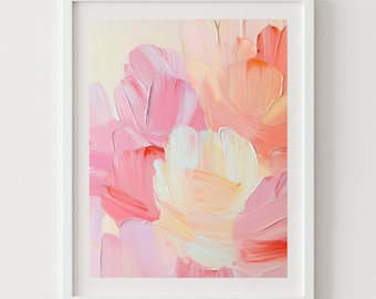 Abstract Petals Printable Art - Pink, Coral, Soft Yellow Pastel Impasto Style Painting Instant Download, Bedroom Poster