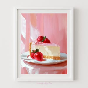 Strawberry Cheesecake Art Print - Printable Pink Dessert Painting, Bakery Wall Decor, Girly Dining Room, Sweet Treat Instant Download