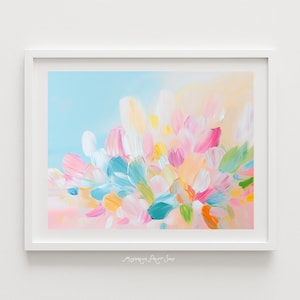 Puede incluir: Pintura abstracta enmarcada con borde blanco. La obra presenta un diseño floral colorido con pinceladas en tonos rosa, azul, amarillo y naranja. El fondo es azul claro. El texto "Maydream Print Shop" está en la parte inferior.