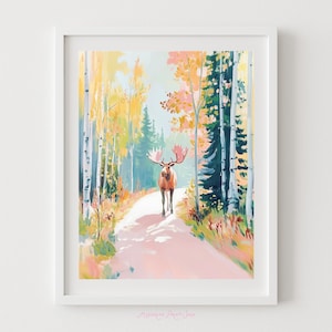Moose on a Forest Path Printable Art - Colorful Woodland Painting, Moose with Antlers Poster, Wildlife and Trees Artwork