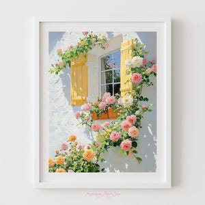 May include: A framed art print of a window with yellow shutters, adorned with climbing roses in shades of pink, peach, and white. The window box is filled with flowers, set against a textured white wall. The artwork evokes a charming, floral theme.