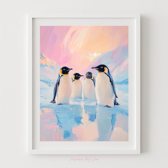 Pastel Penguin Party Print: Antarctica Winter Wildlife Art (Digital Download, 5x7-24x36in JPGs)