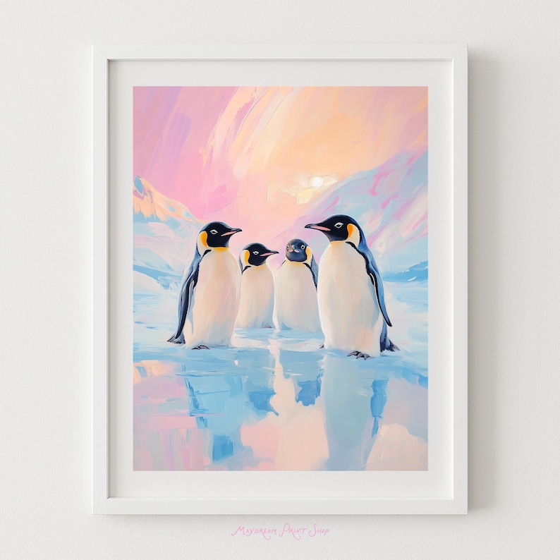 May include: A framed art print featuring four penguins standing in a snowy landscape. The penguins have black heads, yellow markings, and white bellies. The background shows a colorful sky with pink, orange, and blue hues.