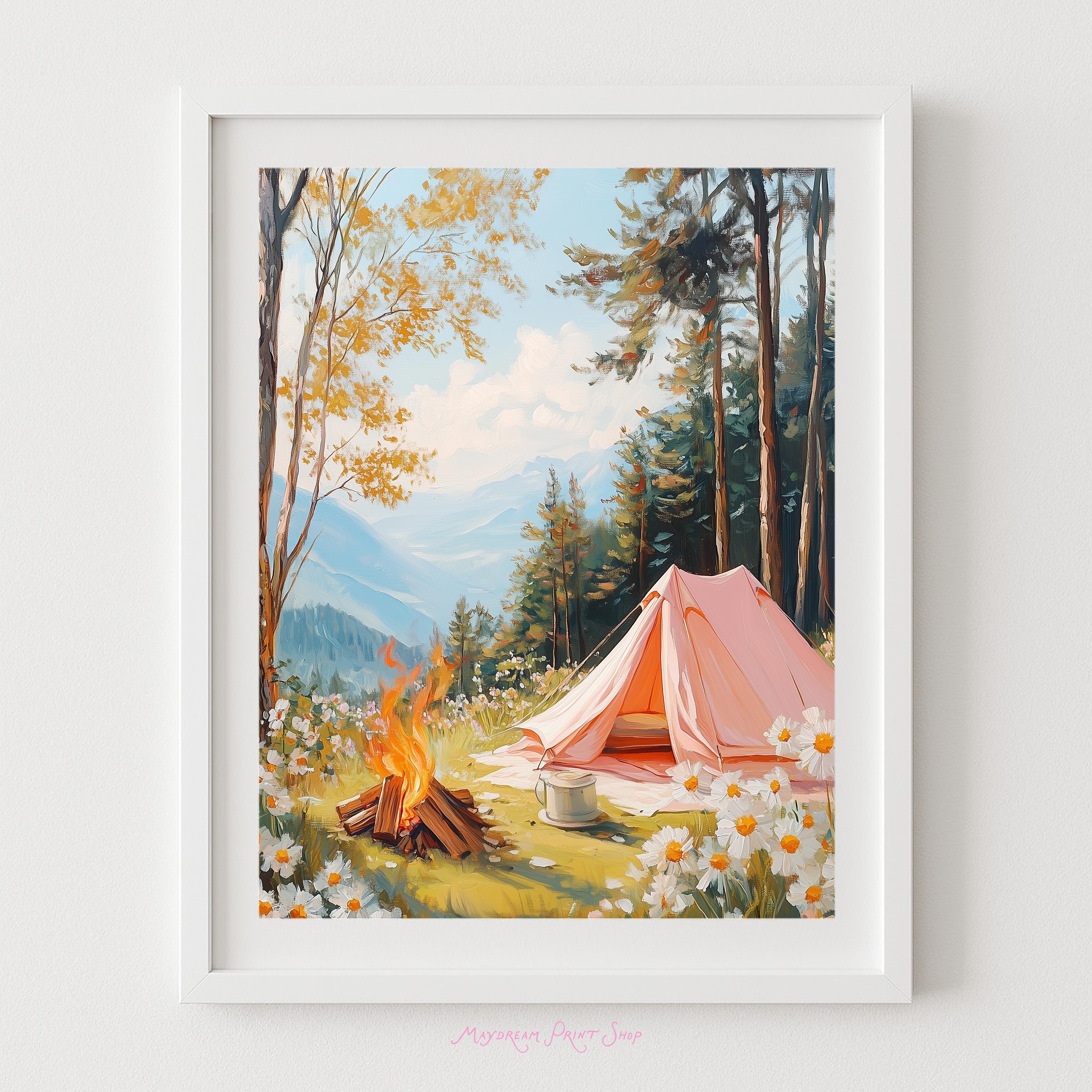 Glamping Wildflower Tent Painting, Printable Campfire Art, Pink Tent in Mountain Landscape, Summer Morning Wall Decor, Girls Room Poster