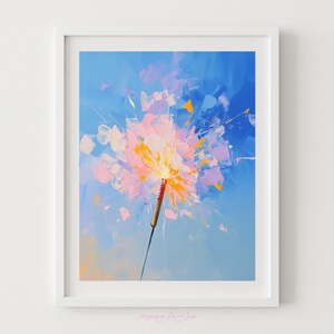 May include: Abstract painting of a sparkler against a blue sky. The artwork features a central burst of light in shades of pink, orange, and yellow, with a dark stem. The background is a blend of blue and pastel colours, framed in a white border.
