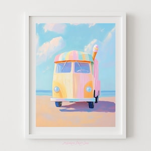 Ice Cream Truck on the Beach Printable Art - Summer Pastels, Dreamy Artwork, Coastal Bus Art, Dessert Digital Art