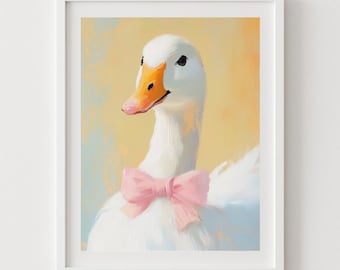 Goose Nursery Print: Duck with Pink Bow, Cottagecore Kids Room Decor (Digital Download)