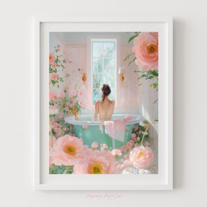 Woman in Floral Bathtub Printable Art for Bathroom - Pastel Colorful Bath Wall Decor, Feminine Art, Bath Bloom Print