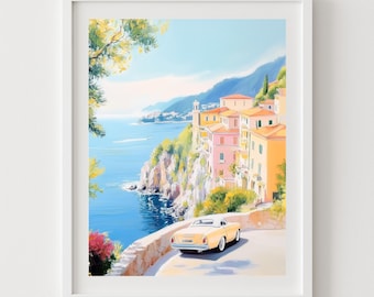 Amalfi Coast Print: Retro Italian Riviera Car Art (Digital Download)