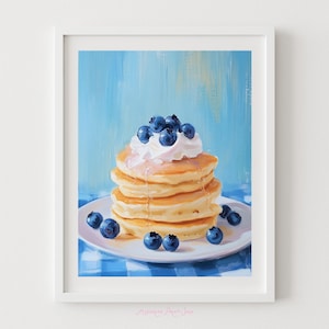 Blueberry Pancakes Art - Printable Breakfast Painting, Blue Gingham and Fluffy Pancakes, Dessert Artwork, Kitchen Download
