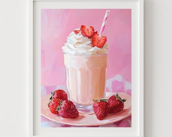 Strawberry Milkshake Print: Whimsical Kitchen Dessert Art (Digital Download)