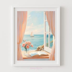 Coastal Window View Wall Art - Printable Beach Cottage Decor, Sailboat Ocean Print, Quiet Moment Still Life, Book by the Sea Poster