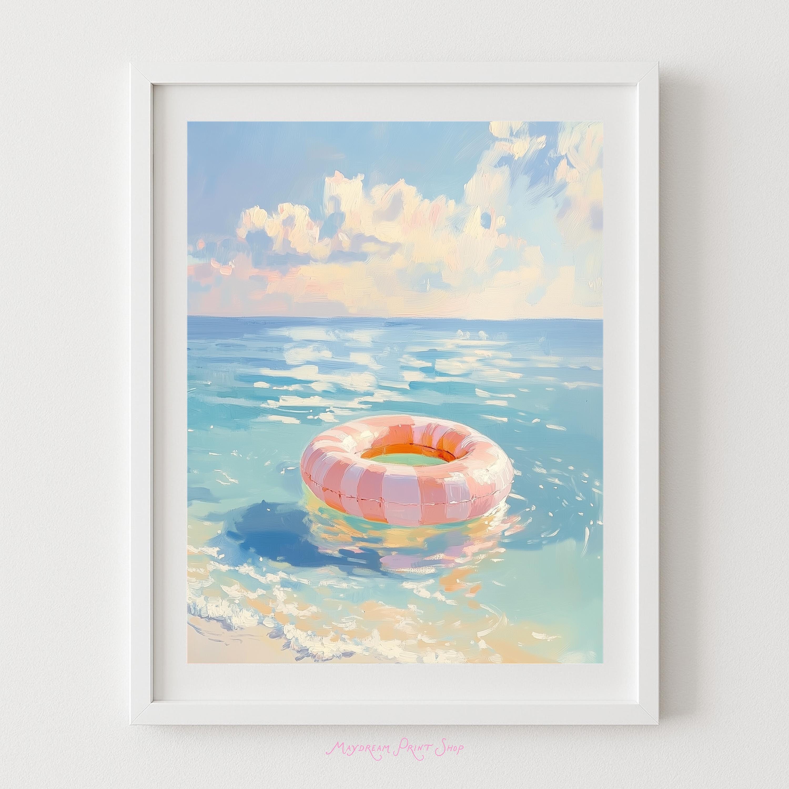 Inner Tube Painting - Pastel Summer Beach House Digital Art, Ocean Float Wall Art Print, Girls Coastal Apartment Printable