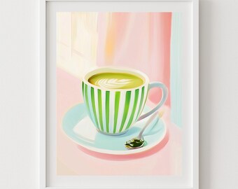 Matcha Latte Art Print: Pastel Green Tea Cup, Cafe Kitchen Decor (Digital Download)