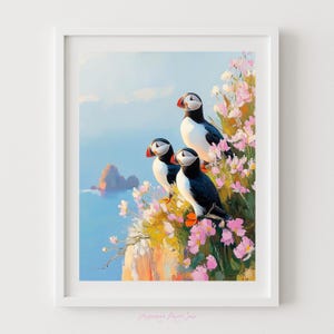 Puffins on Cliff Printable Artwork - Coastal Seabird Painting, Ocean Wildlife Bird Art, Pastel Puffins with Flowers Downloadable Art