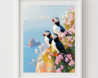 Puffins on Cliff Art Print: Coastal Seabird Painting (Digital Download)