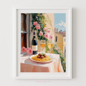 Arte para impressão de massas e vinho - espaguete com almôndegas, arte para um encontro romântico, cena de mesa de massas com vista para a Itália, impressão de arte romântica de varanda