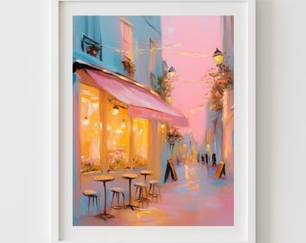 Pink Paris Cafe Night Scene: Travel Art Print (Digital Download)