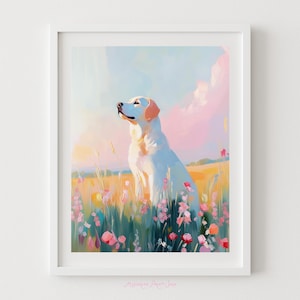 Arte imprimible de Labrador amarillo: Impresión de Labrador Retriever en un prado de flores, regalo para amantes de los perros, impresión de pared de perro rosa, póster de animales en colores pastel