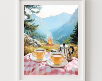 Coffee in the Mountains Printable Art - Camping Still Life Wall Decor, Campfire & Lattes Outdoors, Summer Picnic Wilderness Illustration