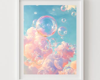 Bubbles and Clouds Printable Wall Art - Pastel Colorful Summer Print, Happy Art, Kids Bedroom, Playful Print