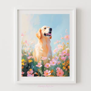 Golden Retriever in Flower Field Art - Printable Floral Dog Print, Cute Animal Art for Dog Lovers, Pastel Pet Portrait, Golden Wildflowers